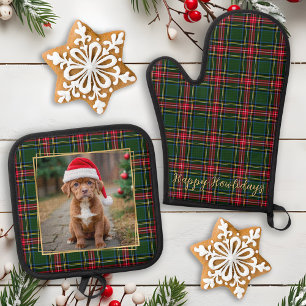 Dog Family Photo Pet Christmas Custom Rustic Plaid Oven Mitt & Pot Holder Set
