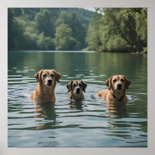 Dog Family Swimming in Lake – Tranquil Nature Art Poster