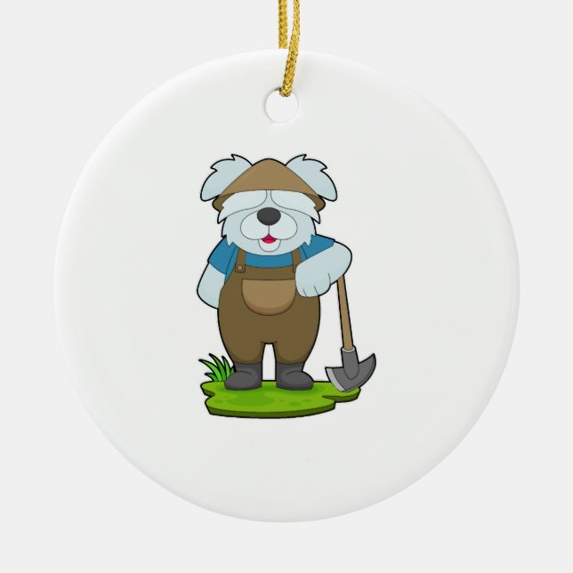Dog Farmer Pickaxe Ceramic Tree Decoration (Front)