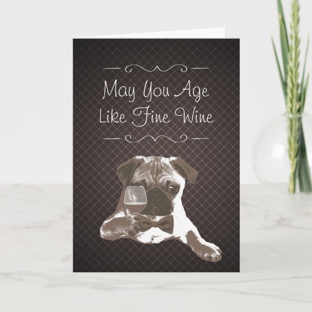Dog & Fine Wine Dark Grids Birthday Greeting Card (Front)