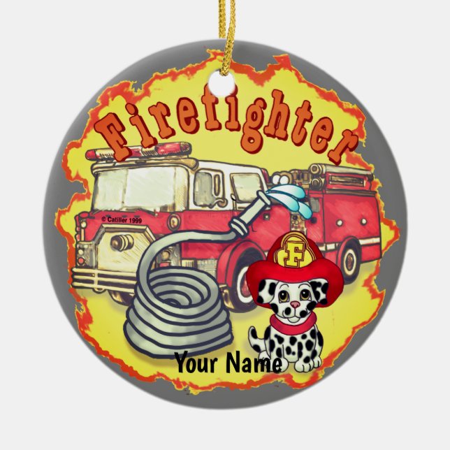 Dog Firetruck Firefighter firefighters Ceramic Tree Decoration (Front)