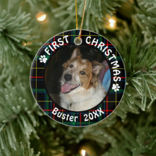 Dog First Christmas 2-Photo 2-Sided Plaid Ceramic Tree Decoration