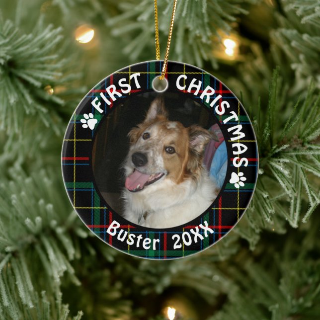 Dog First Christmas 2-Photo 2-Sided Plaid Ceramic Tree Decoration (Tree)