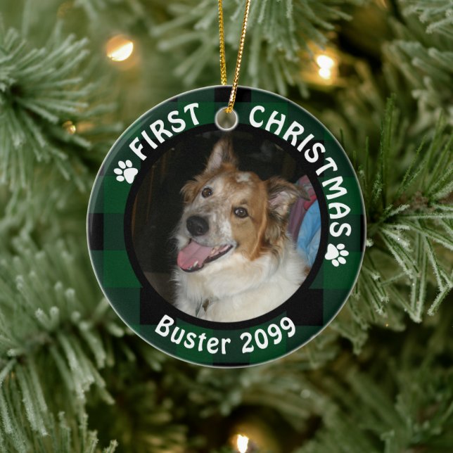 Dog First Christmas 2-Photo Green & Black Plaid Ceramic Tree Decoration (Tree)