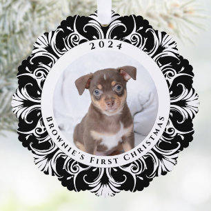 Dog First Christmas Black White Photo Tree Decoration Card