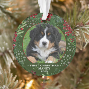 Dog First Christmas holly wreath snowflakes photo Ornament