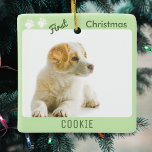 Dog First Christmas Pet Puppy Photo Pawprints Ceramic Ornament<br><div class="desc">Celebrate your pet's first Christmas with your own custom ornament. Personalise the front with a favourite photo of your pet, and their name underneath. The light green surround has two cute pawprints in the top corner, followed by 'First Christmas' words. On the reverse side, the greeting 'Merry Christmas' is displayed...</div>