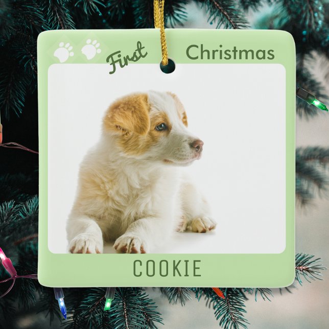 Dog First Christmas Pet Puppy Photo Pawprints Ceramic Ornament (A custom ornament to celebrate puppy's first Christmas, with photo, puppy's name and message on back)