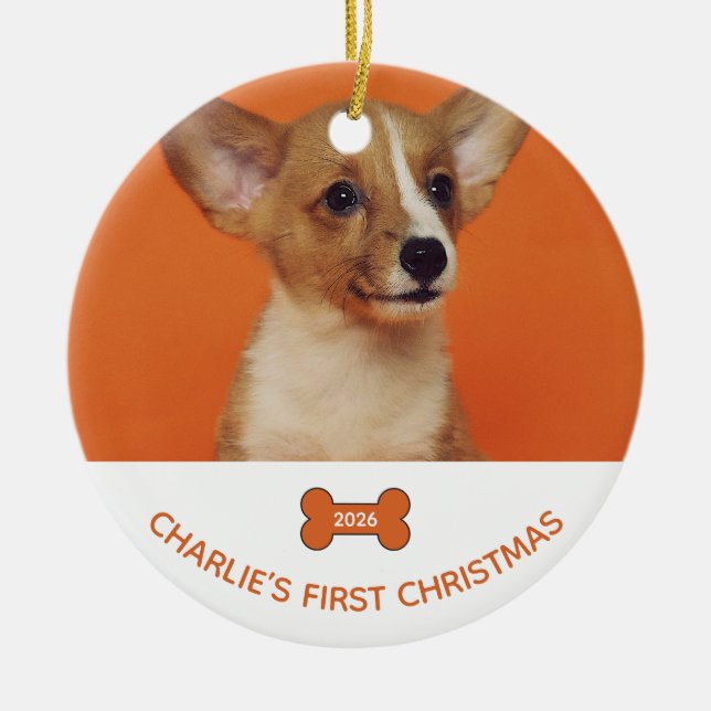 Dog First Christmas Photo Keepsake 2026 Ceramic Tree Decoration (Front)