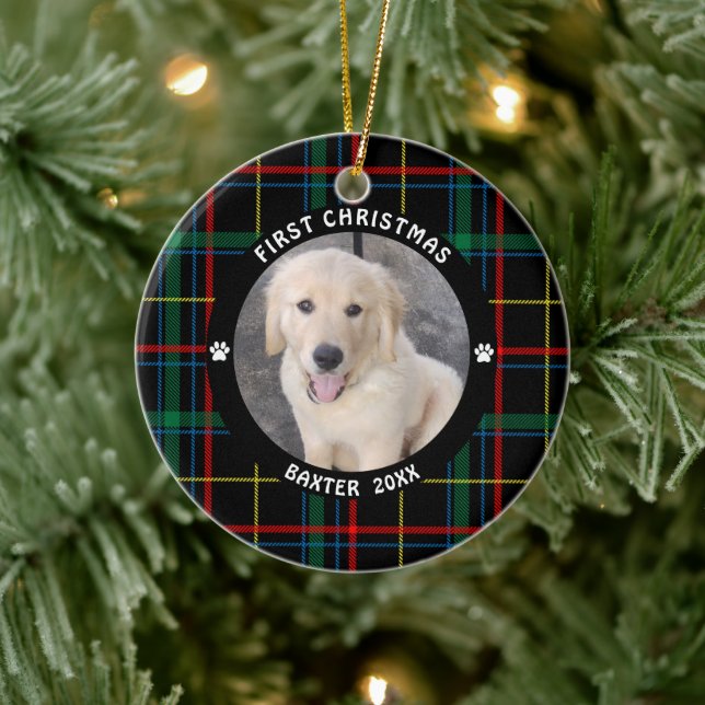 Dog FIRST CHRISTMAS Plaid Personalised Photo Ceramic Tree Decoration (Tree)
