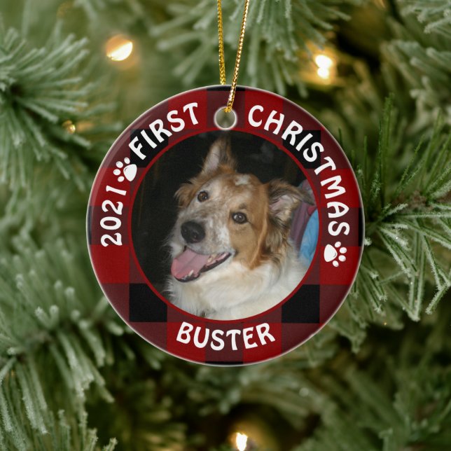 Dog FIRST CHRISTMAS Red Buffalo Plaid 2 Photo Ceramic Tree Decoration (Tree)
