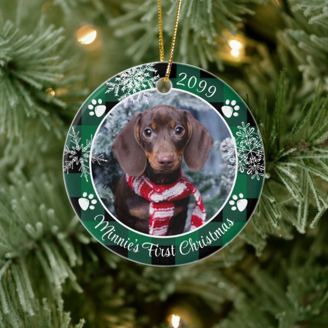 Dog First Christmas Snowflake Photo Green Plaid Ceramic Tree Decoration (Tree)
