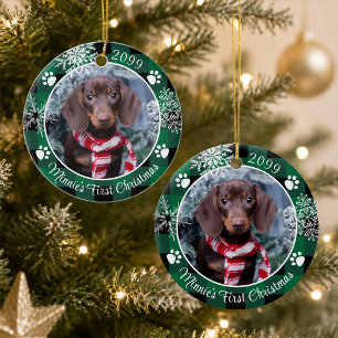 Dog First Christmas Snowflake Photo Green Plaid Ceramic Tree Decoration