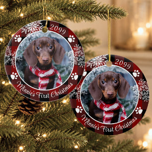 Dog First Christmas Snowflake Photo Red Plaid Ceramic Tree Decoration