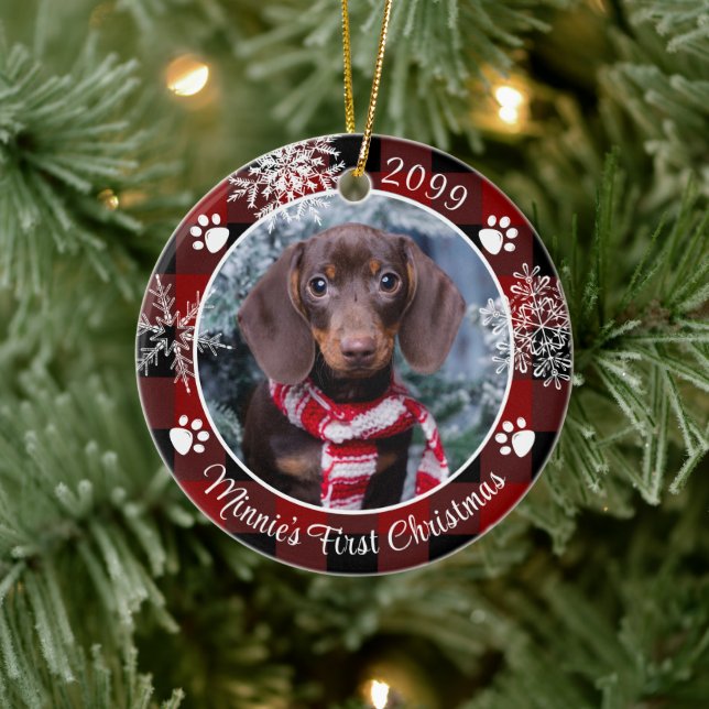 Dog First Christmas Snowflake Photo Red Plaid Ceramic Tree Decoration (Tree)