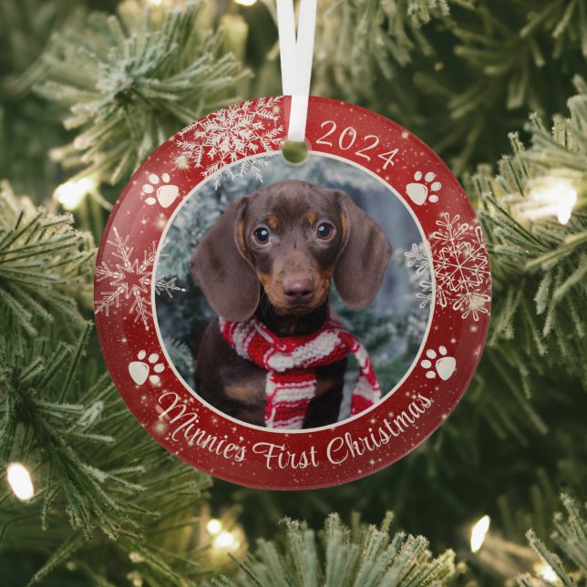 Dog First Christmas Snowflake Photo Red White Glass Tree Decoration (Insitu)