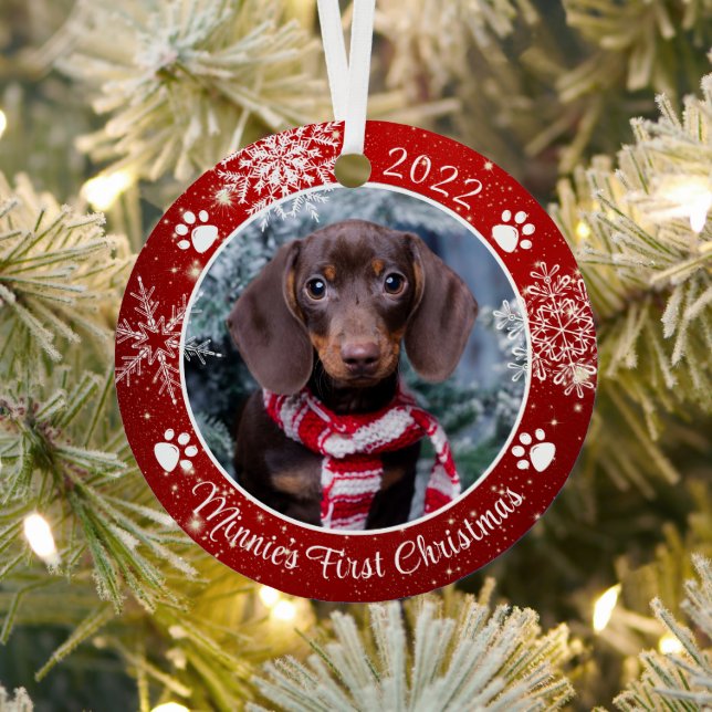 Dog First Christmas Snowflake Photo Red White Metal Tree Decoration (Insitu)