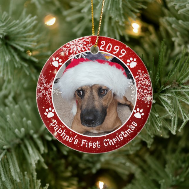 Dog First Christmas Snowflakes 2 Photo Red Ceramic Tree Decoration (Tree)