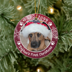 Dog First Christmas Snowflakes 2 Photos Ceramic Tree Decoration