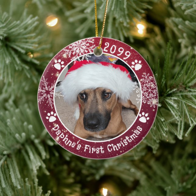 Dog First Christmas Snowflakes 2 Photos Ceramic Tree Decoration (Tree)