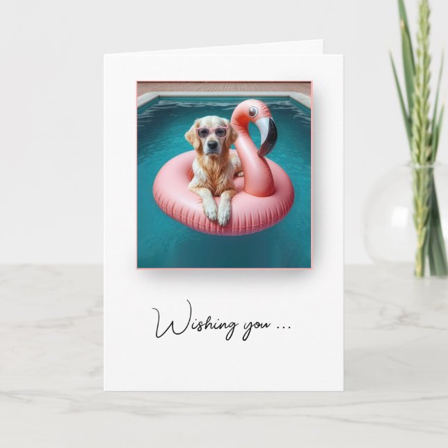 Dog Floating On a Flamingo Pool Toy Birthday Humou Card (Front)