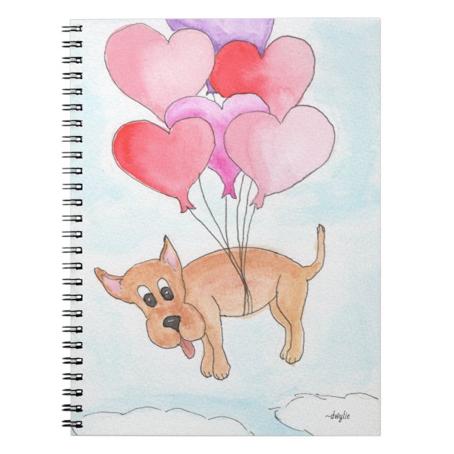 Dog Floating with Heart Balloons Notebook (Front)