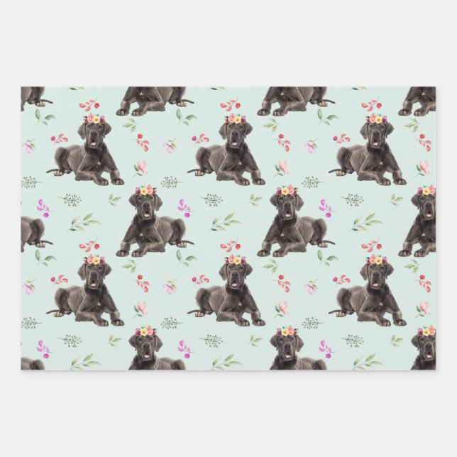 Dog Floral Great Dane Pattern, Dog Fan Gift Wrapping Paper Sheet (Front)