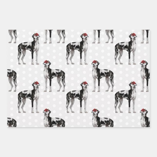 Dog Floral Great Dane Pattern, Dog Lover Wrapping Paper Sheet (Front)