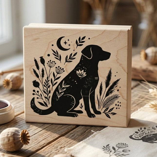 Dog Floral Silhouette Celestial Botanical Art Rubber Stamp (Black lab botanical art stamp)