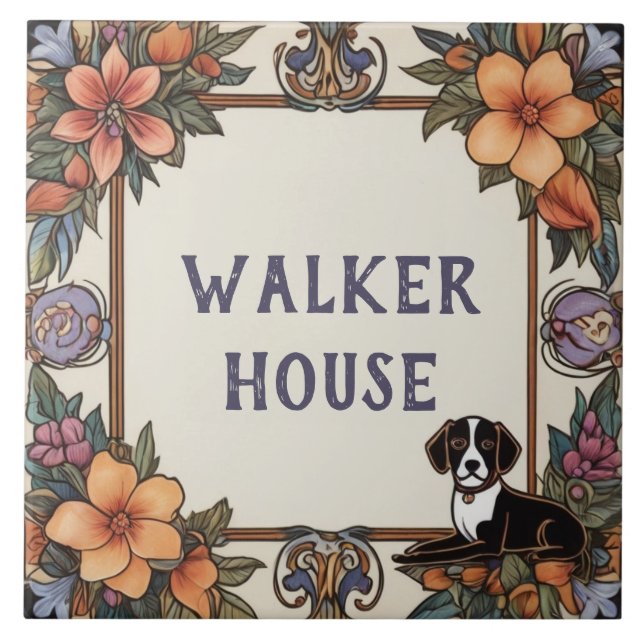 Dog & Flowers Custom House Name Plate Sign Plaque Tile (Front)