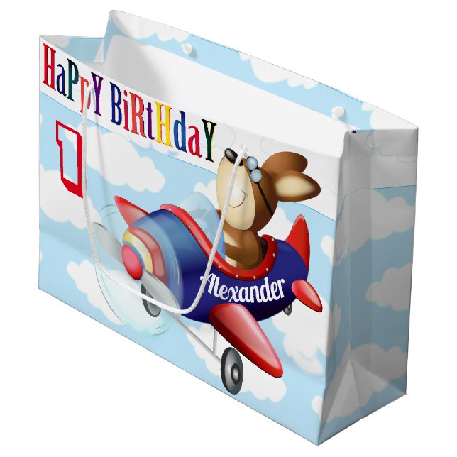 Dog Flying Aeroplane Boy Birthday Large Gift Bag (Front Angled)