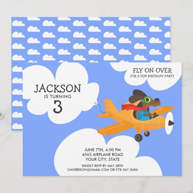 Dog Flying Aeroplane Cute Boy's Birthday Party Invitation (Front/Back)