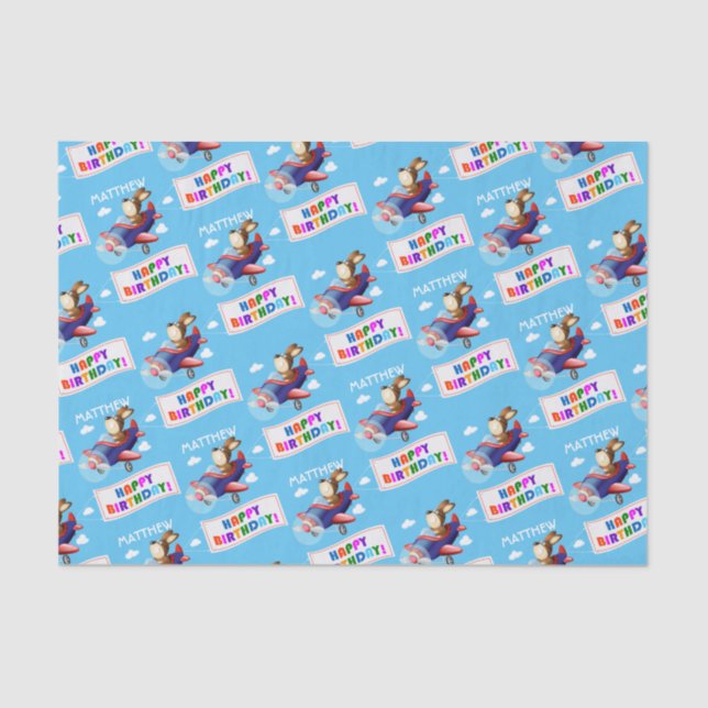 Dog Flying Aeroplane Personalised Birthday Tissue Paper (Front)