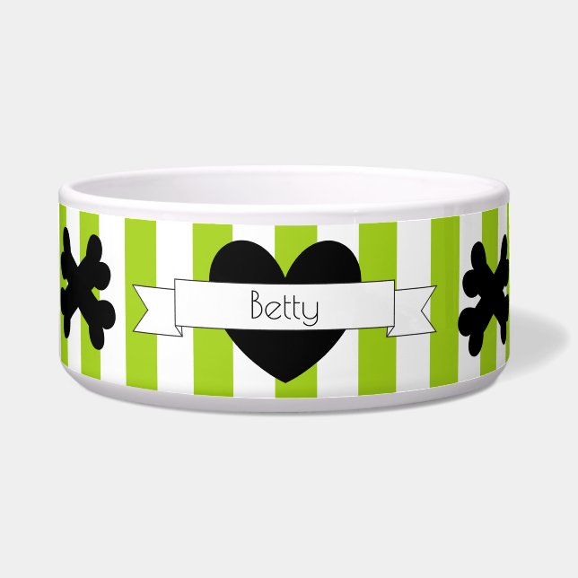 Dog Food Bowl with Green and White Stripes HAMbWG (Front)