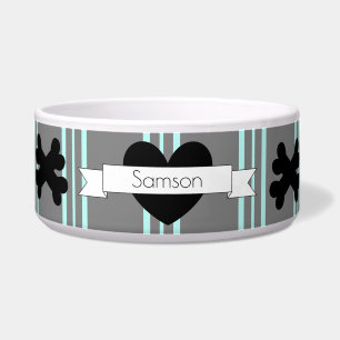 Dog Food Bowl with Grey Stripes & Heart HAMbWG