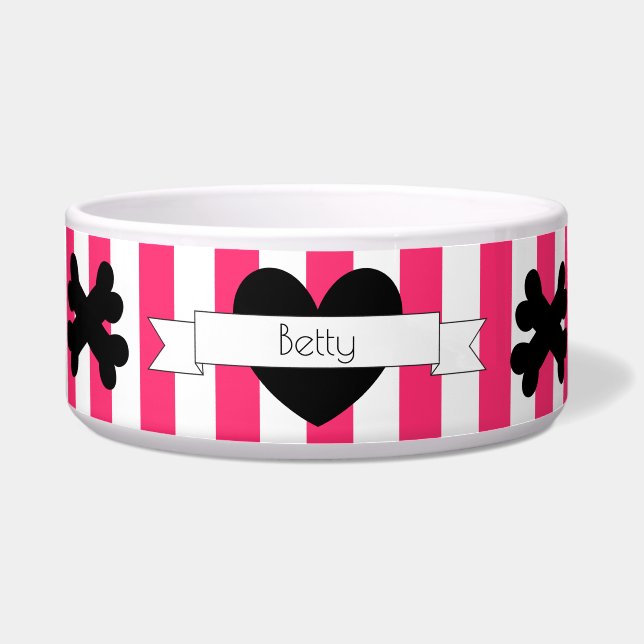 Dog Food Bowl with Pink and White Stripes HAMbWG (Front)