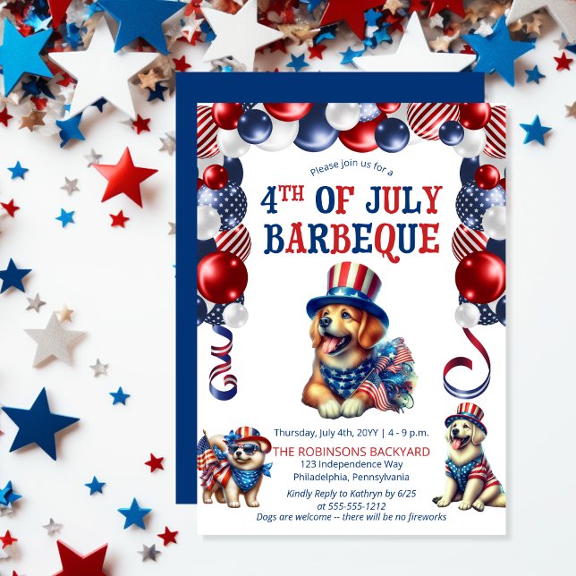 Dog Friendly No Fireworks 4th of July BBQ Party Invitation (Balloon Arch and Cute Cool Dogs No Fireworks Pet Friendly 4th of July BBQ Invitation)
