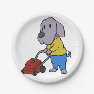 Dog gardener with lawn mower   choose back colour paper plate