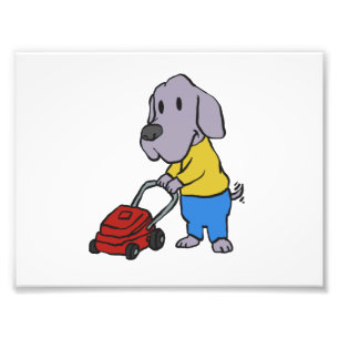 Dog gardener with lawn mower choose back colour photo print
