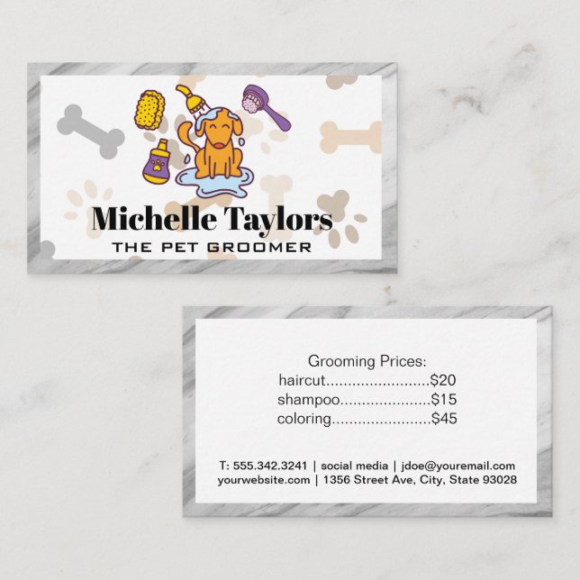 Dog getting Cleaned | Dog Bones Pattern | Marble  Business Card (Front/Back)