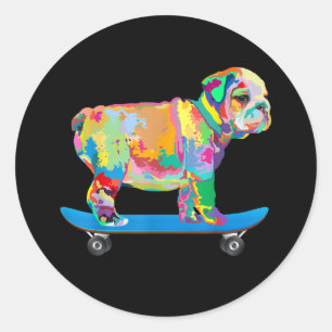Dog Gift   Colourful Cool Bulldog Puppy Skateboard Classic Round Sticker