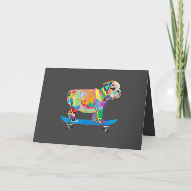 Dog Gift | Colourful Cool Bulldog Puppy Skateboard Holiday Card (Front)