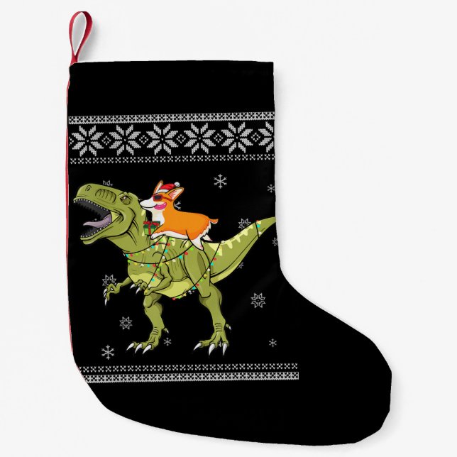 Dog Gift | Corgi Riding T Rex Dinosaur Christmas Small Christmas Stocking (Front)