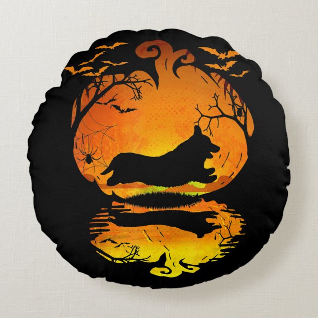 Dog Gift | Corgi Silhouette Pumpkin Halloween Round Cushion (Front)