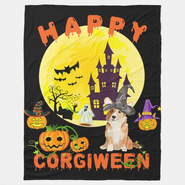 Dog Gift | Happy Corgiween Halloween Corgi Fleece Blanket (Front)