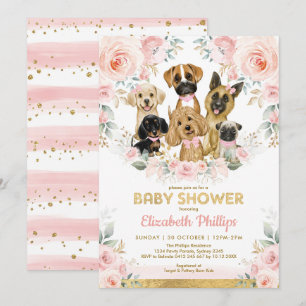 Dog Girl Baby Shower Blush Pink Floral Puppies Invitation