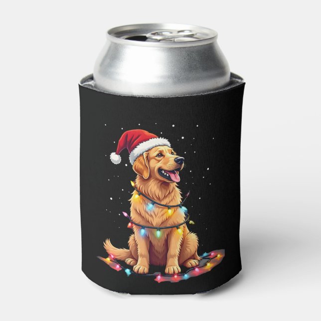 Dog Golden Retriever Santa Christmas Xmas Lights ( Can Cooler (Can Front)
