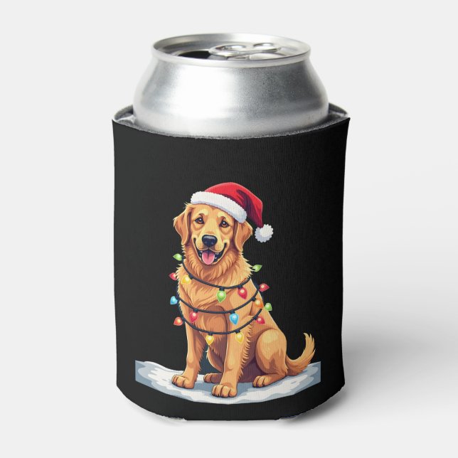 Dog Golden Retriever Santa Christmas Xmas Lights ( Can Cooler (Can Front)