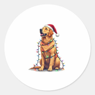 Dog Golden Retriever Santa Christmas Xmas Lights ( Classic Round Sticker