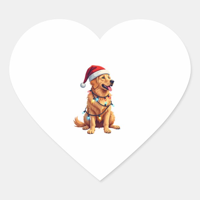 Dog Golden Retriever Santa Christmas Xmas Lights ( Heart Sticker (Front)